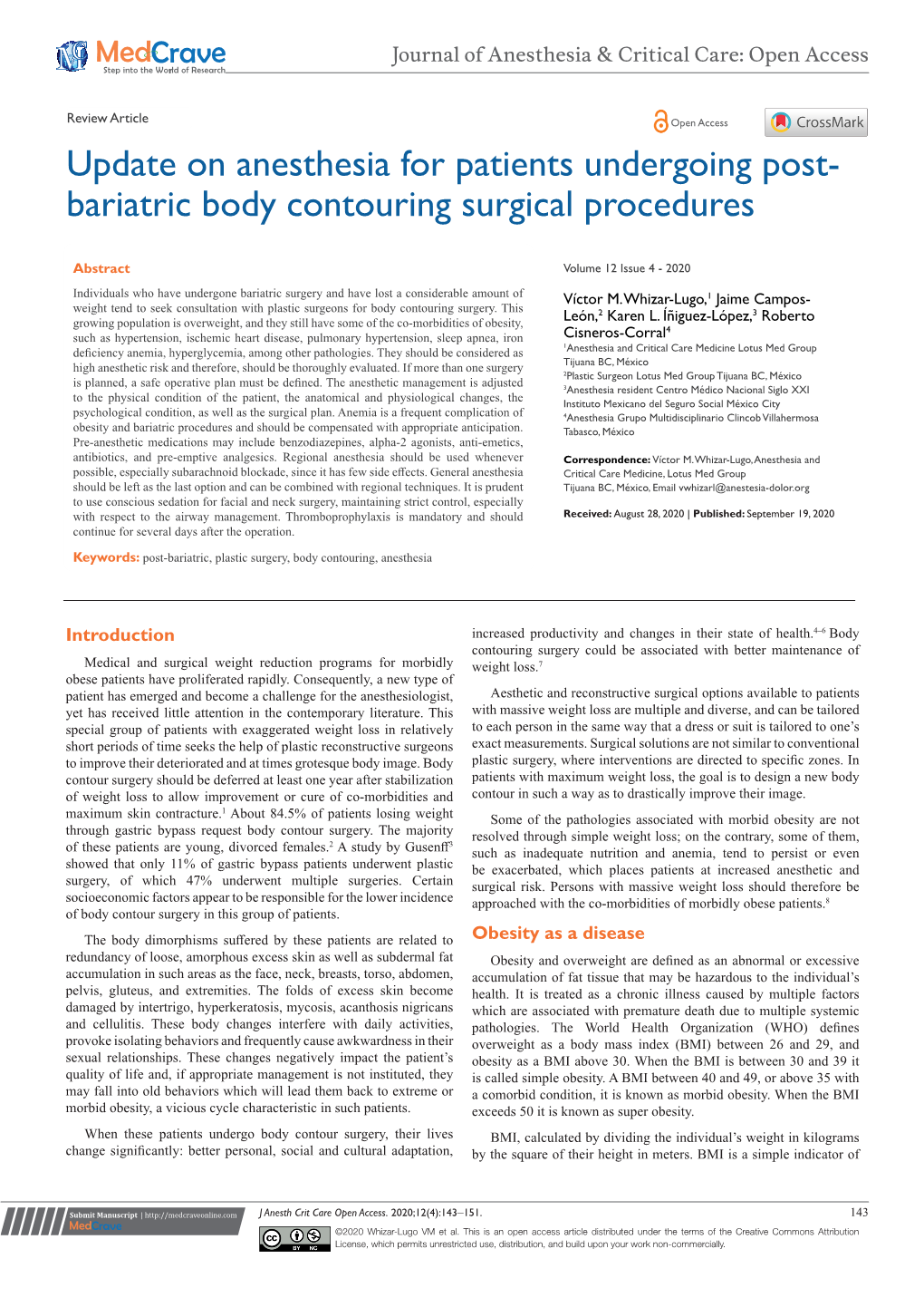 Update on Anesthesia for Patients Undergoing Post-Bariatric Body Contouring Surgical Procedures ©2020 Whizar-Lugo VM Et Al