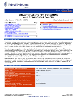 BREAST IMAGING for SCREENING and DIAGNOSING CANCER Policy Number: DIAGNOSTIC 105.9 T2 Effective Date: January 1, 2017