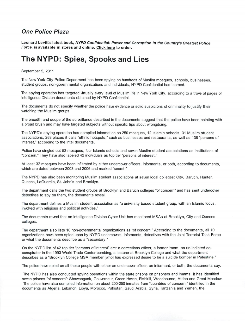 The NYPD: Spies, Spooks and Lies