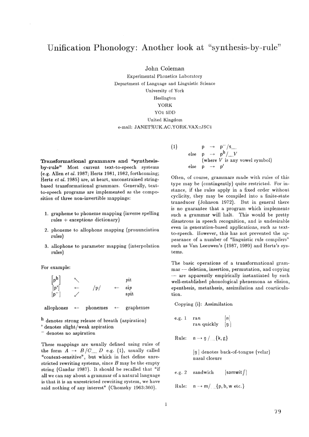 Unification Phonology: Another Look at 'Synthesis-By-Rule'