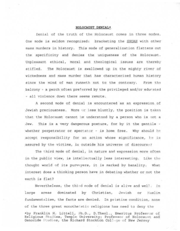 HOLOCAUST DENIAL* Denial of the Truth of the Holocaust Comes in Three Modes. One Mode Is Seldom Recognized: Bracketing the SHOAH with Other Mass Murders in History