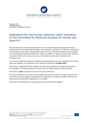 List Item Applications for New Human Medicines Under Evaluation by The