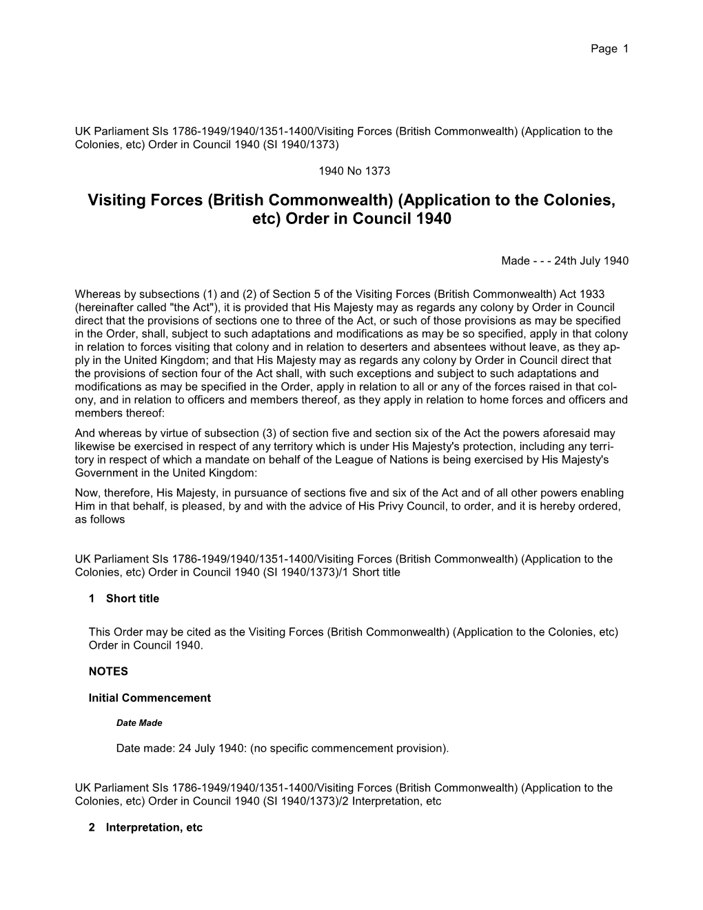 Application to the Colonies, Etc) Order in Council 1940 (SI 1940/1373