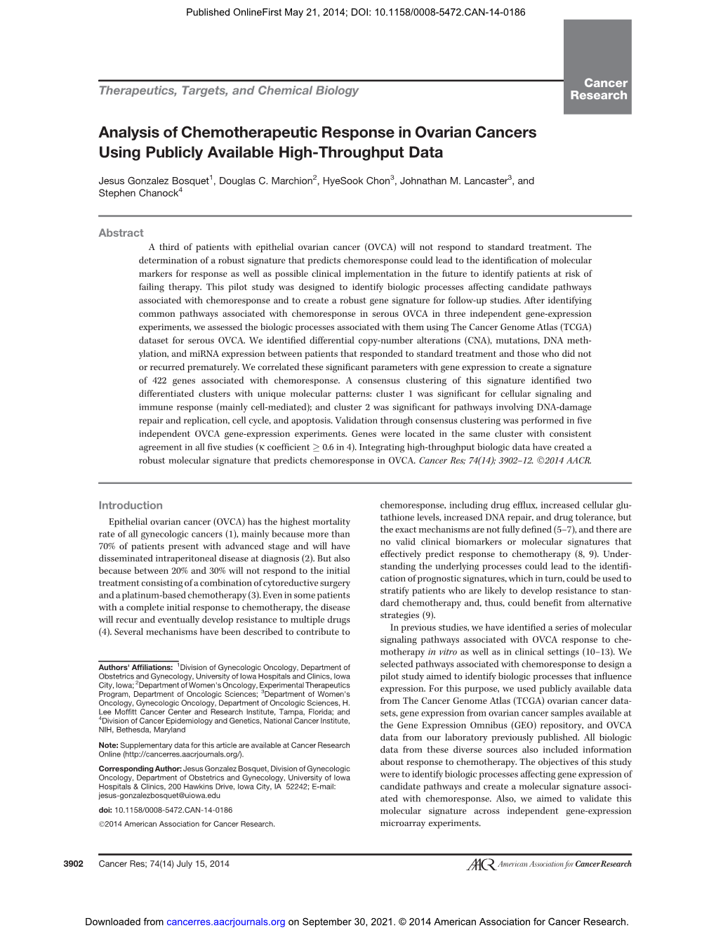 Analysis of Chemotherapeutic Response in Ovarian Cancers Using Publicly Available High-Throughput Data