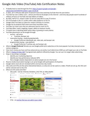 Google Ads Video (Youtube) Ads Certification Notes