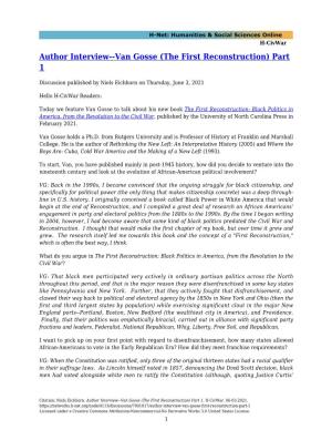 Author Interview--Van Gosse (The First Reconstruction) Part 1
