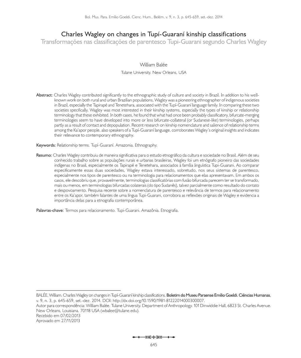 Charles Wagley on Changes in Tupí-Guaraní Kinship Classifications Transformações Nas Classificações De Parentesco Tupi-Guarani Segundo Charles Wagley