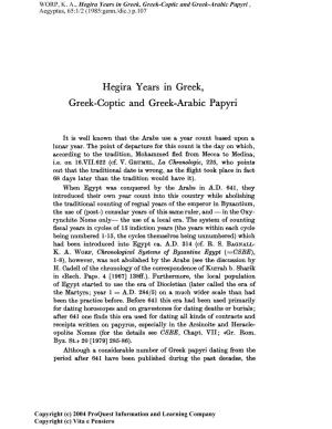 Hegira Years in Greek, Greek-Coptic and Greek-Arabic Papyri