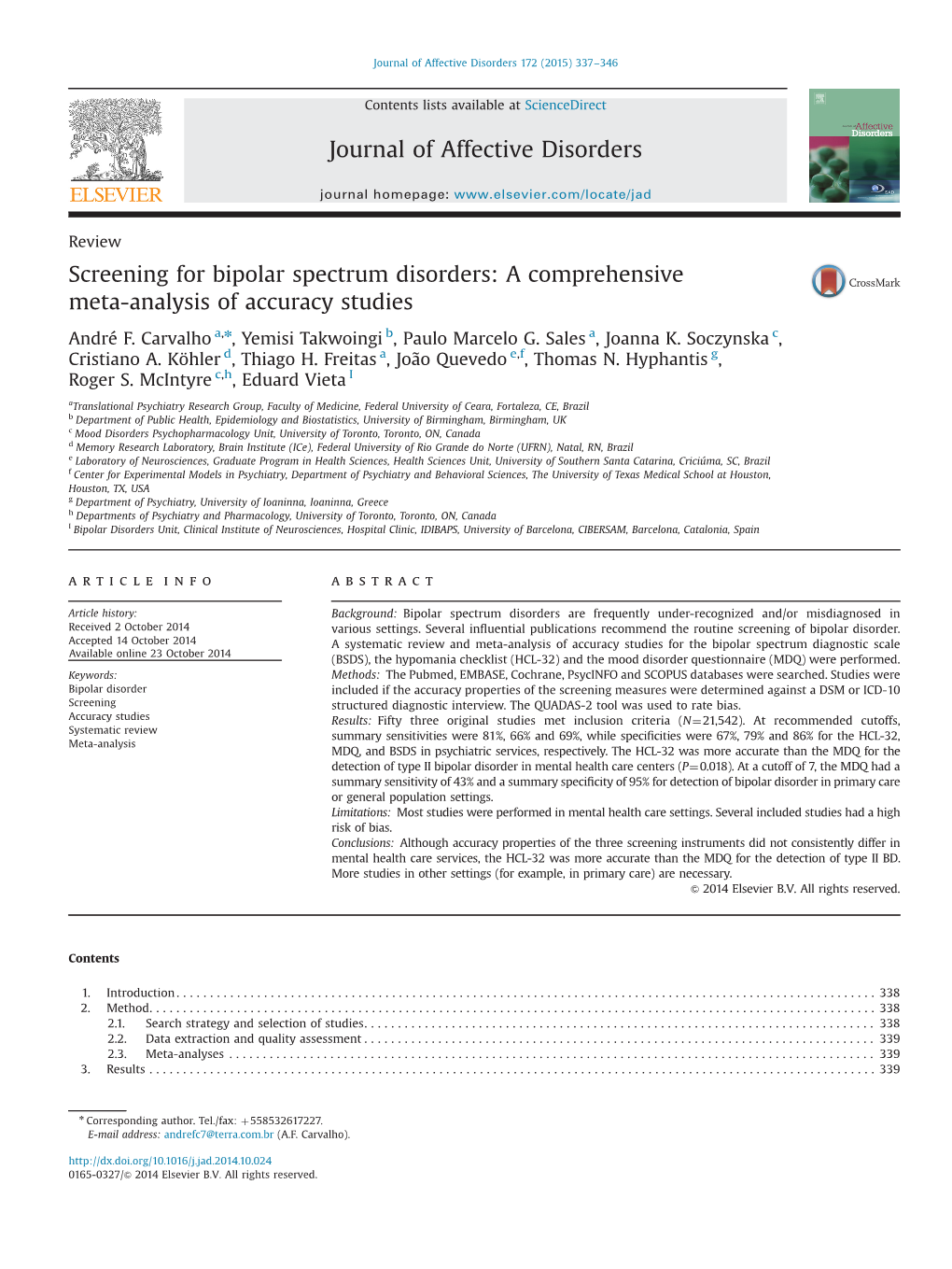 Screening for Bipolar Spectrum Disorders a Comprehensive Meta