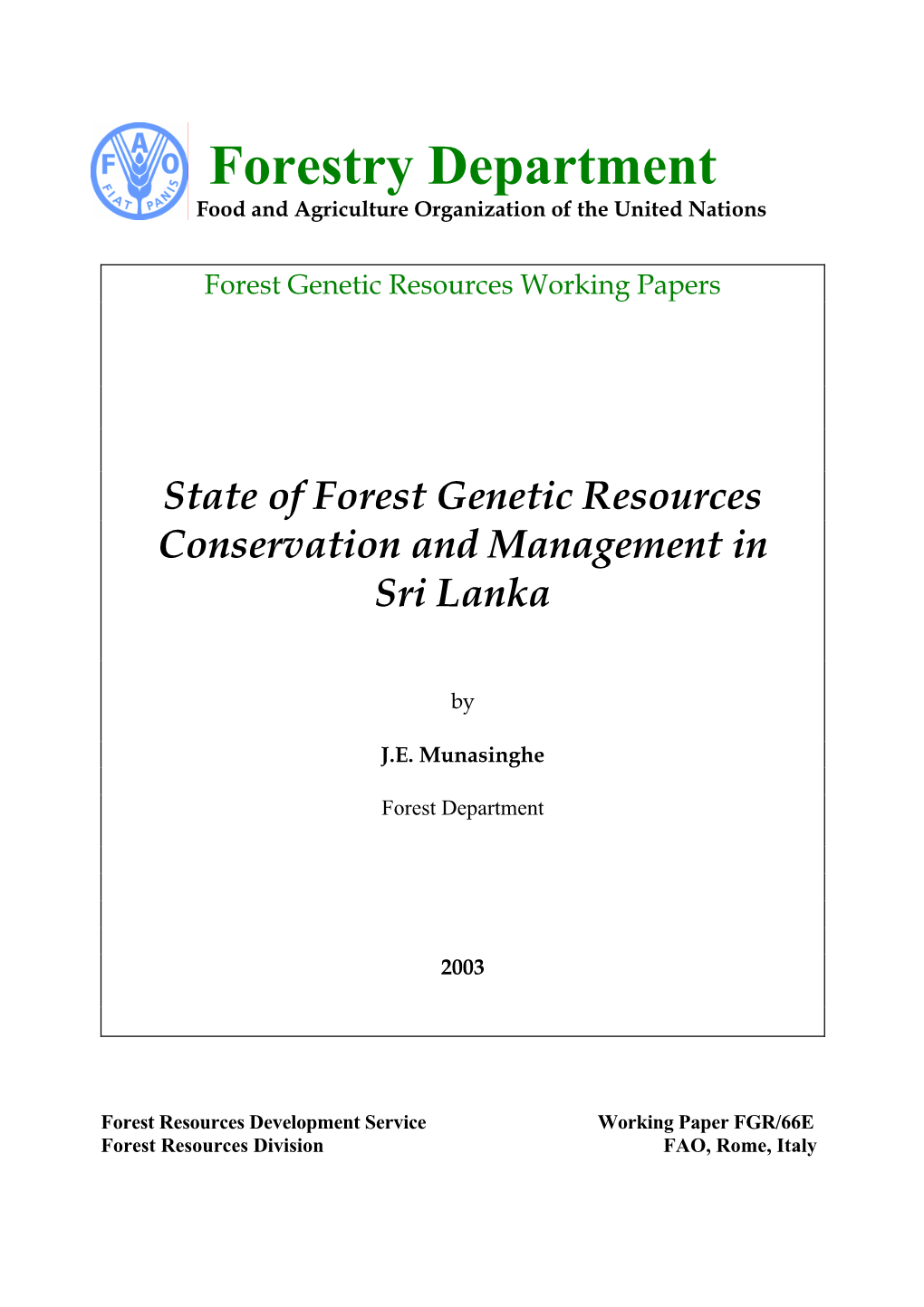 Forestry Department Food and Agriculture Organization of the United Nations