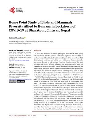 Home Point Study of Birds and Mammals Diversity Allied to Humans in Lockdown of COVID-19 at Bharatpur, Chitwan, Nepal