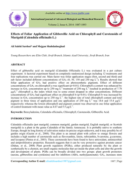 Effects of Foliar Application of Gibberellic Acid on Chlorophyll and Carotenoids of Marigold (Calendula Officinalis L.)