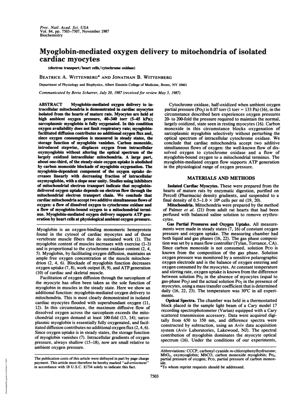 Myoglobin-Mediated Oxygen Delivery to Mitochondria of Isolated Cardiac Myocytes (Electron Transport/Heart Cells/Cytochrome Oxidase) BEATRICE A