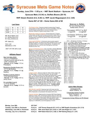 June 27Th Syracuse Mets Game Notes Vs. Buffalo Bisons