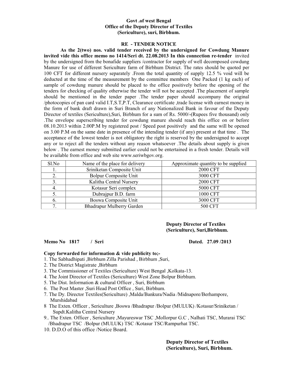 Govt .Of West Bengal Office of the Deputy Director of Textiles (Sericulture), Suri, Birbhum