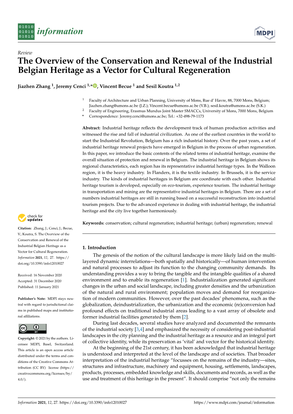 The Overview of the Conservation and Renewal of the Industrial Belgian Heritage As a Vector for Cultural Regeneration