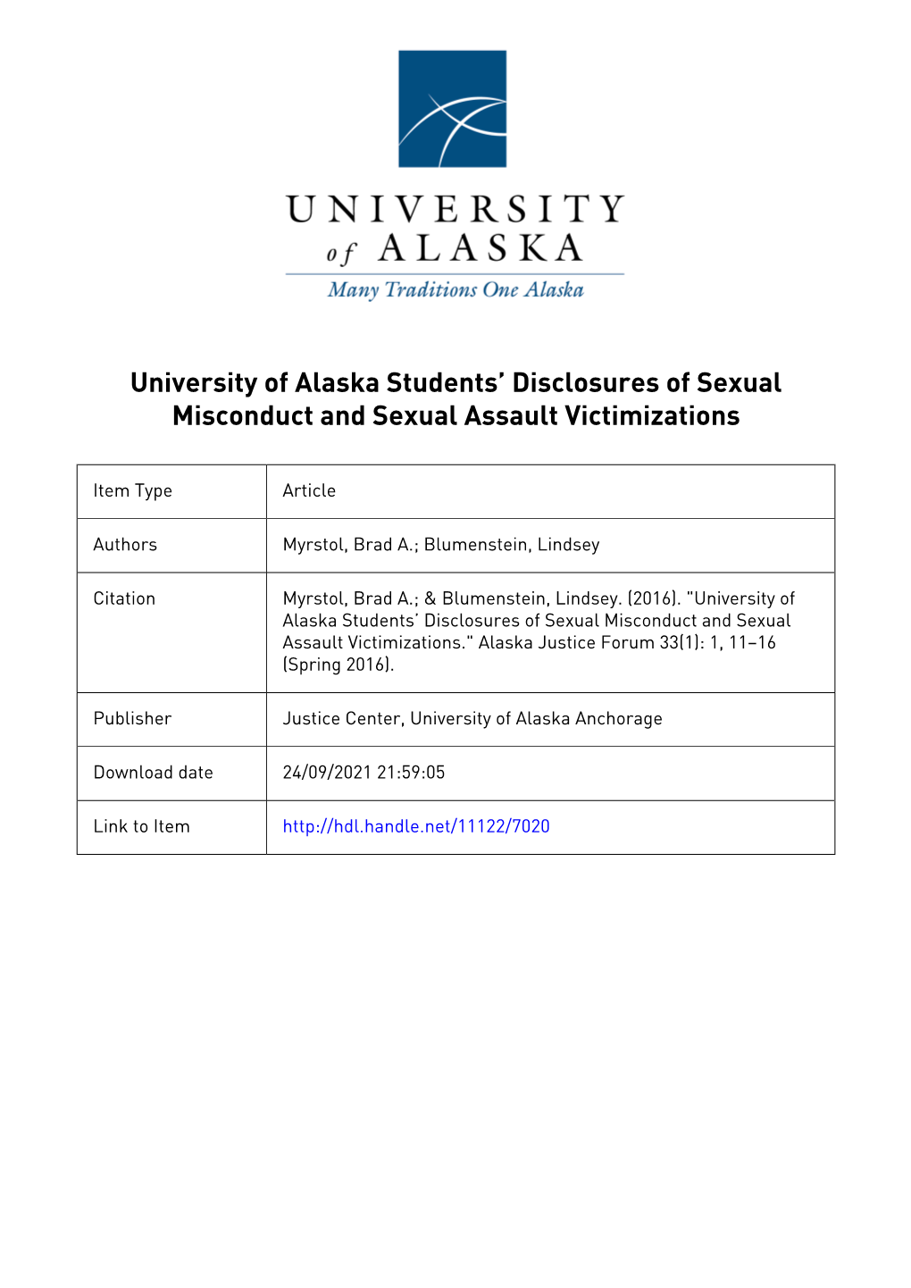 University of Alaska Students' Disclosures of Sexual Misconduct and Sexual Assault Victimizations