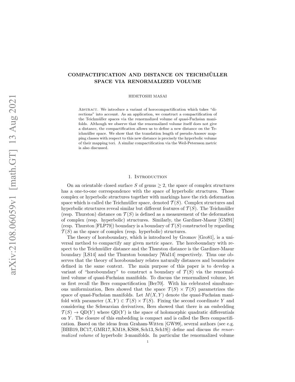 Arxiv:2108.06059V1 [Math.GT] 13 Aug 2021 Ized Volume of Quasi-Fuchsian Manifolds