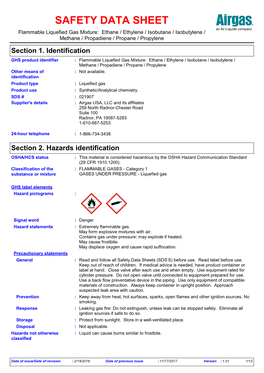 SAFETY DATA SHEET Flammable Liquefied Gas Mixture: Ethane / Ethylene / Isobutane / Isobutylene / Methane / Propadiene / Propane / Propylene Section 1