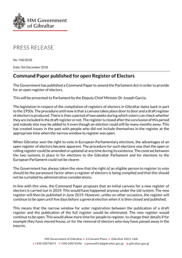 Command Paper Published for Open Register of Electors