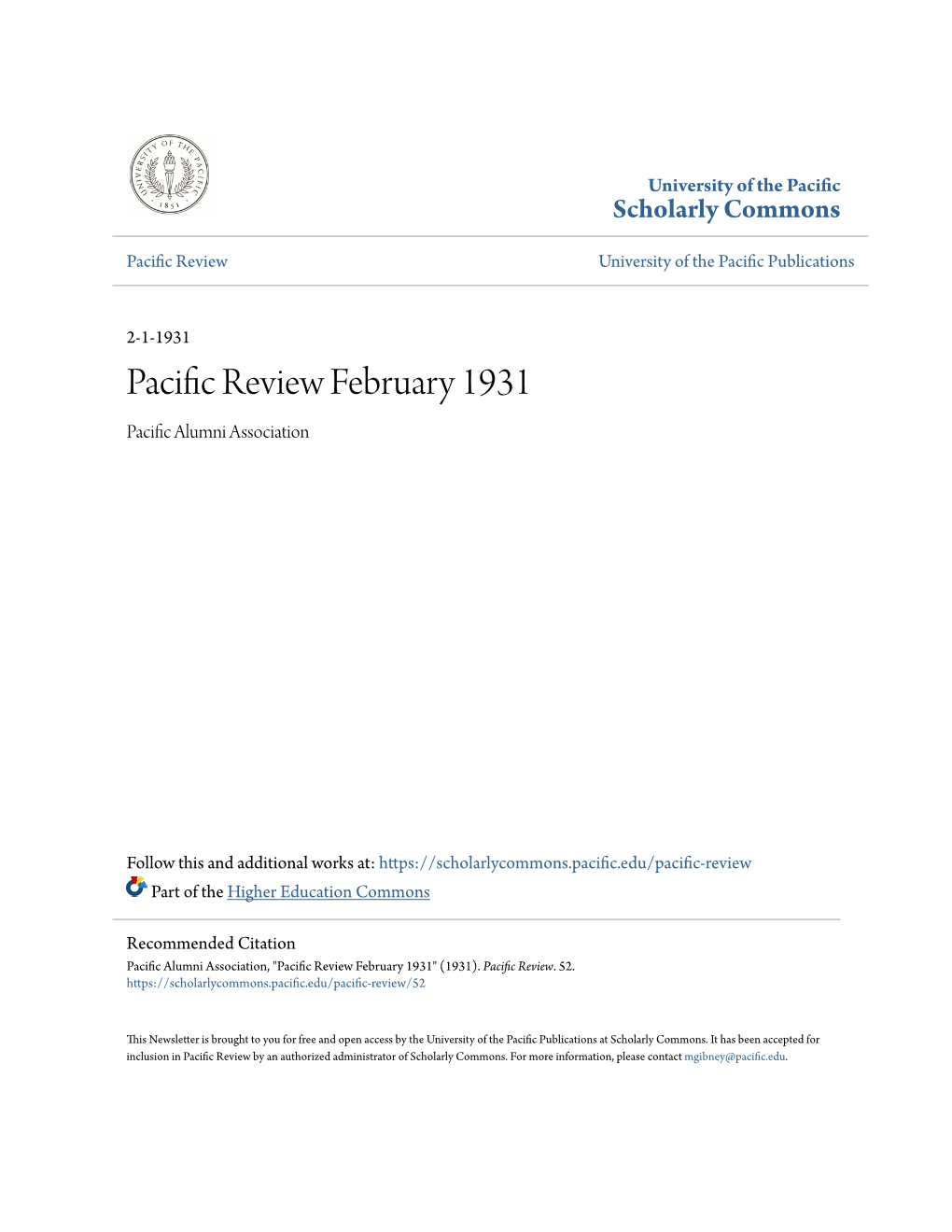 Pacific Review February 1931 Pacific Alumni Association