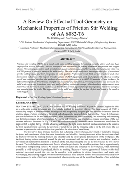A Review on Effect of Tool Geometry on Mechanical Properties of Friction Stir Welding of AA 6082-T6 Mr