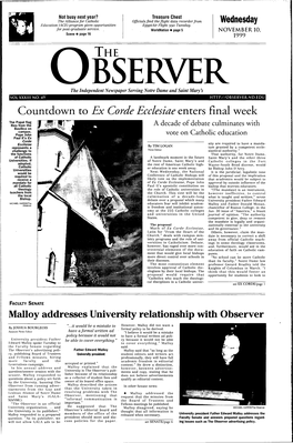 Countdo"Wn to Ex Corde Ecclesiae Enters Final "Week Malloy Addresses University Relationship with Observer