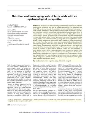 Nutrition and Brain Aging: Role of Fatty Acids with an Epidemiological Perspective