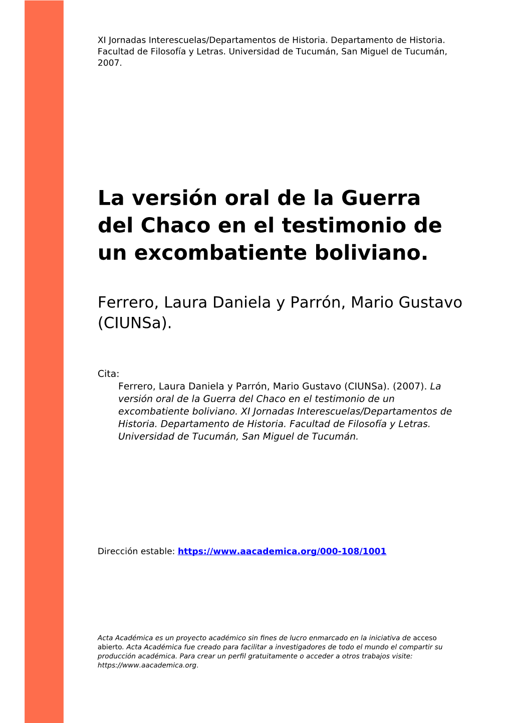 La Versión Oral De La Guerra Del Chaco En El Testimonio De Un Excombatiente Boliviano