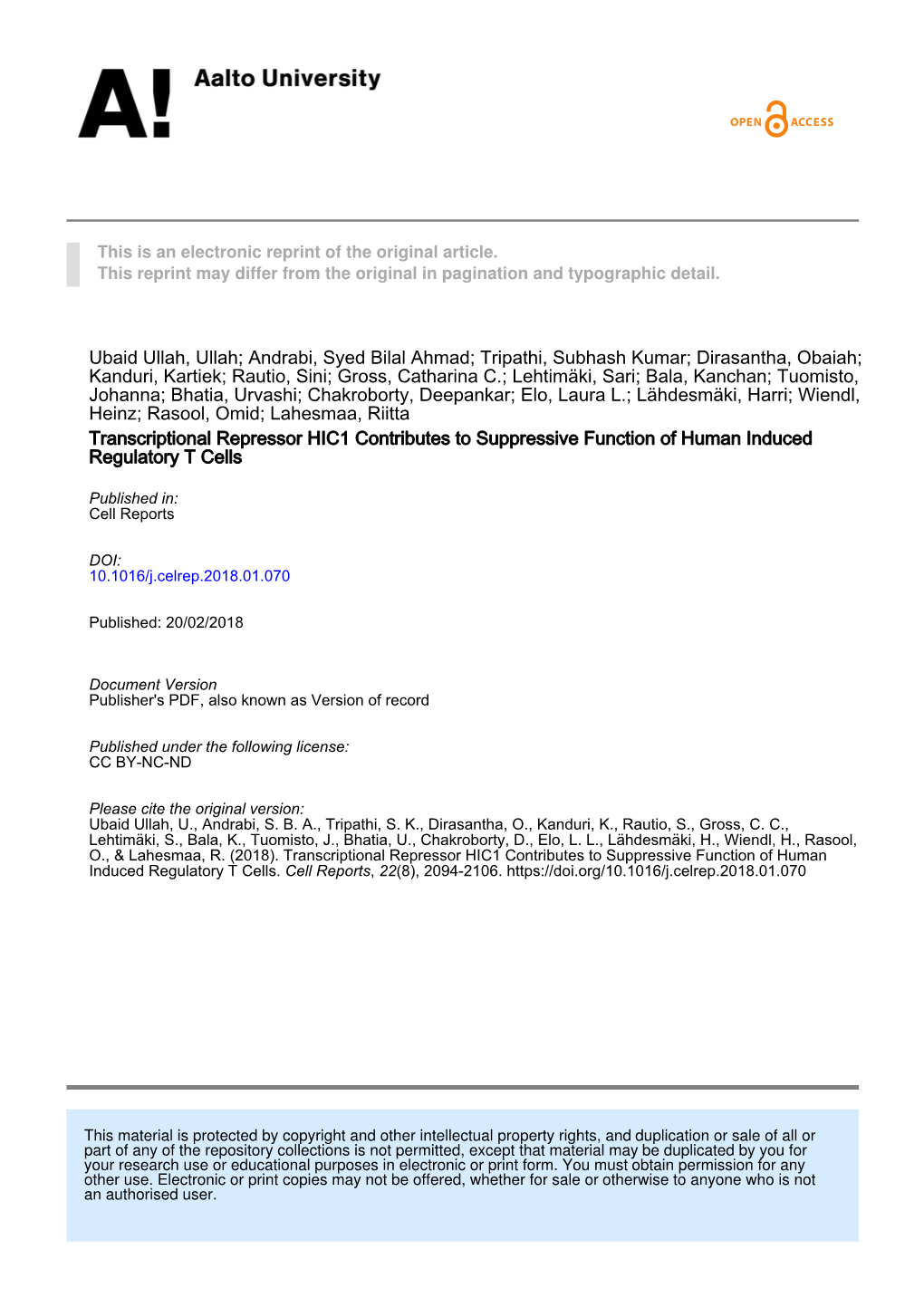 Transcriptional Repressor HIC1 Contributes to Suppressive Function of Human Induced Regulatory T Cells