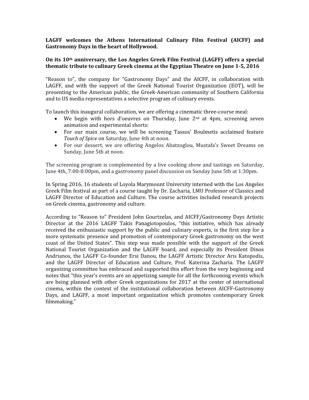 LAGFF Welcomes the Athens International Culinary Film Festival (AICFF) and Gastronomy Days in the Heart of Hollywood. on Its 10