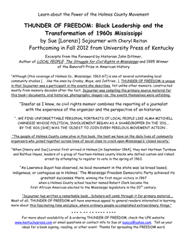 Black Leadership and the Transformation of 1960S Mississippi by Sue [Lorenzi] Sojourner with Cheryl Reitan Forthcoming in Fall 2012 from University Press of Kentucky