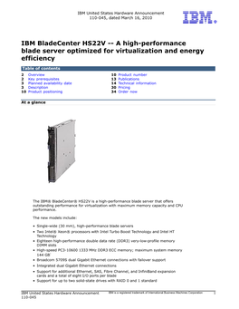 IBM Bladecenter HS22V -- a High-Performance Blade Server Optimized for Virtualization and Energy Efficiency
