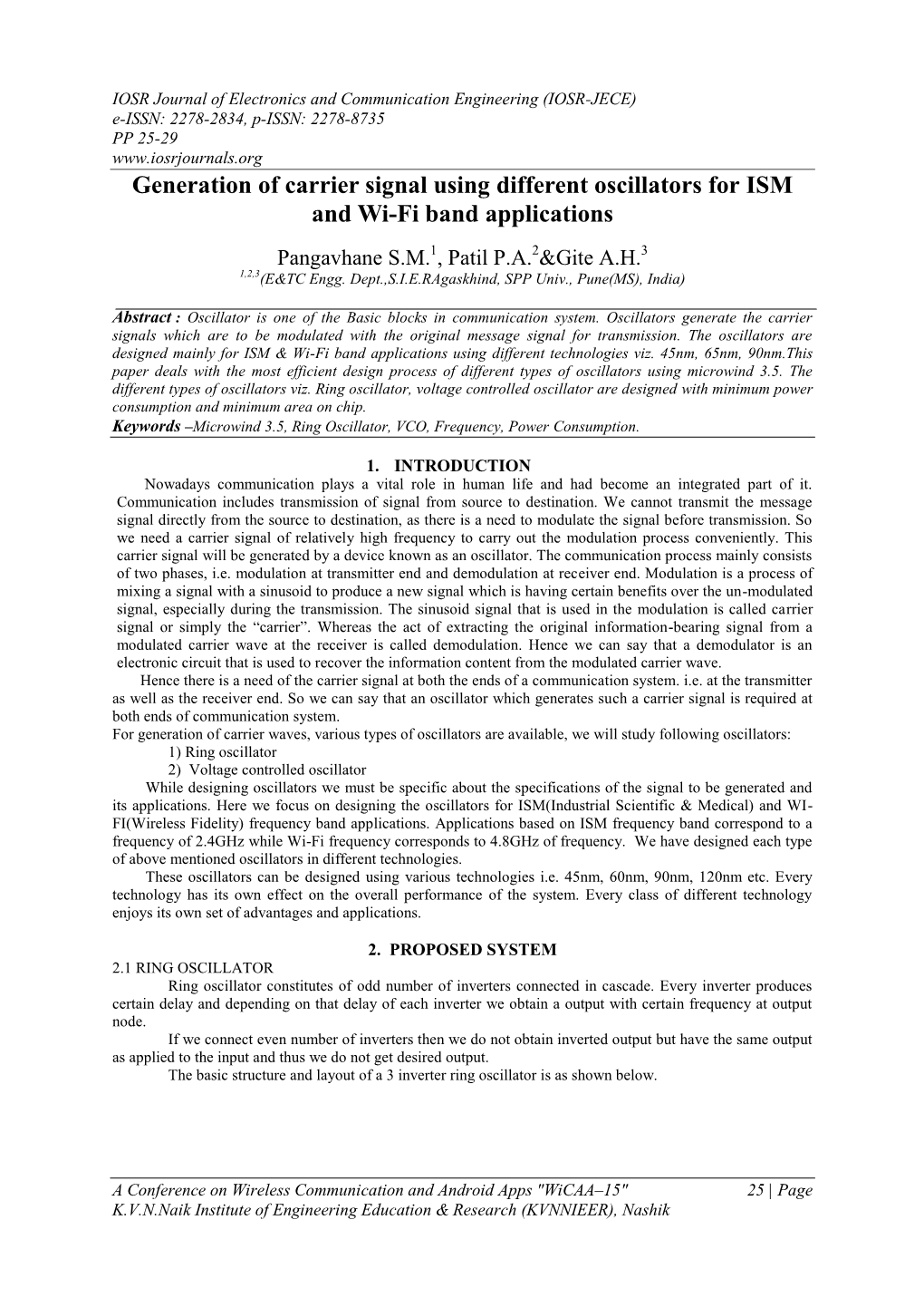 Generation of Carrier Signal Using Different Oscillators for ISM and Wi-Fi Band Applications