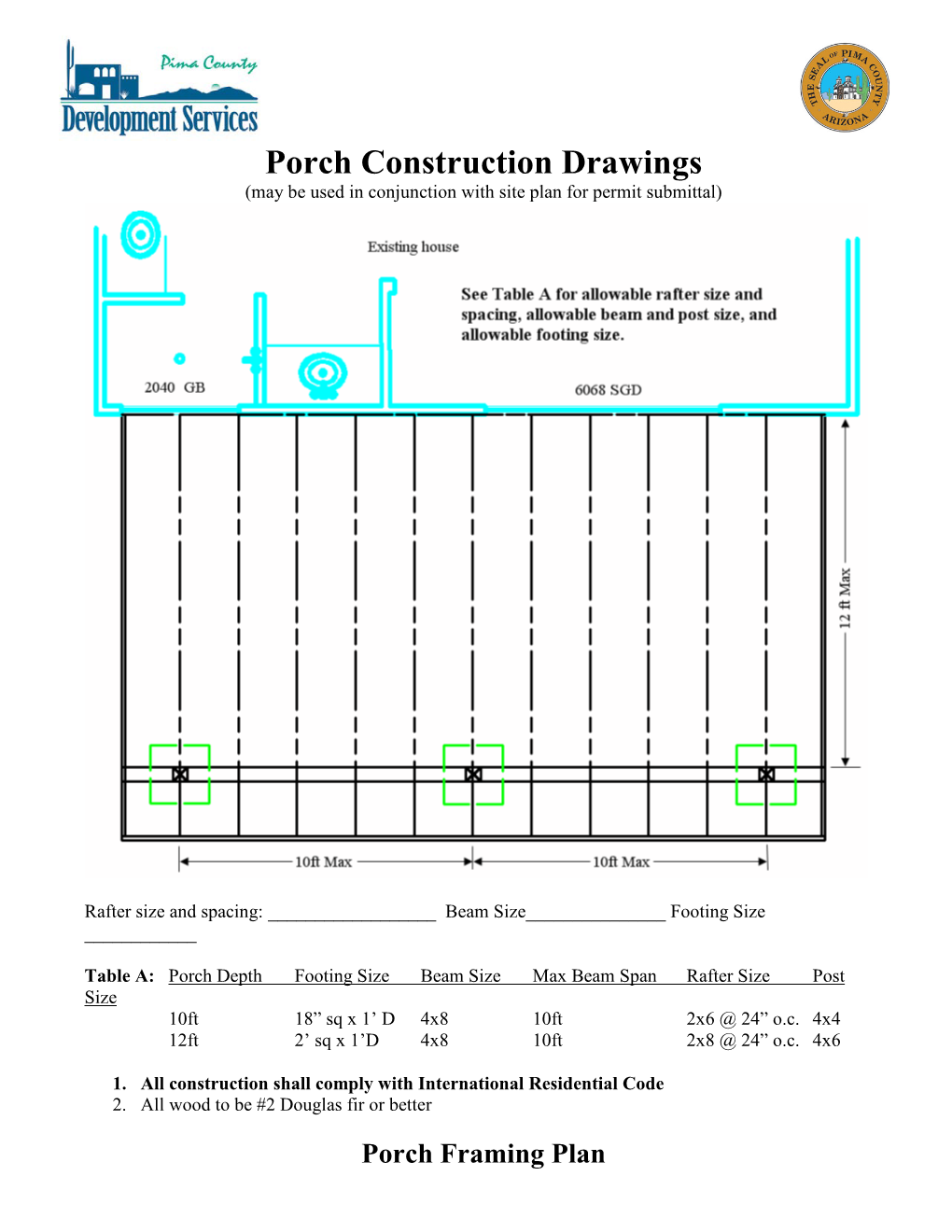 Porch Construction Drawings (May Be Used in Conjunction with Site Plan for Permit Submittal)