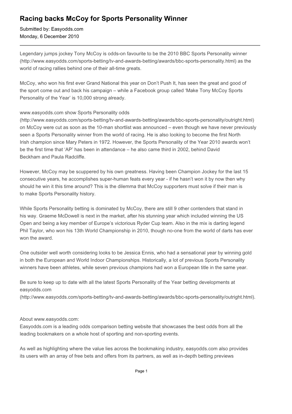 Racing Backs Mccoy for Sports Personality Winner Submitted By: Easyodds.Com Monday, 6 December 2010