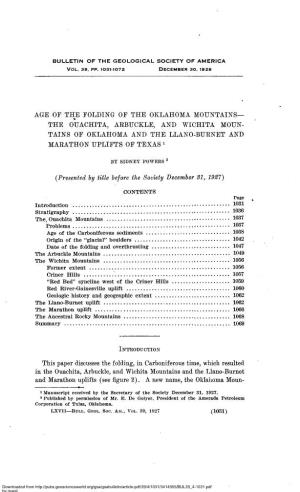 Age of the Folding of the Oklahoma Mountains— % the Ouachita, Arbuckle, and Wichita Moun­ Tains of Oklahoma and the Llano-Burnet and Marathon Uplifts of Texas 1