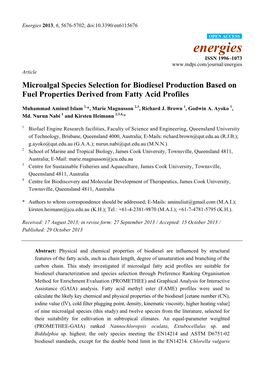 Microalgal Species Selection for Biodiesel Production Based on Fuel Properties Derived from Fatty Acid Profiles