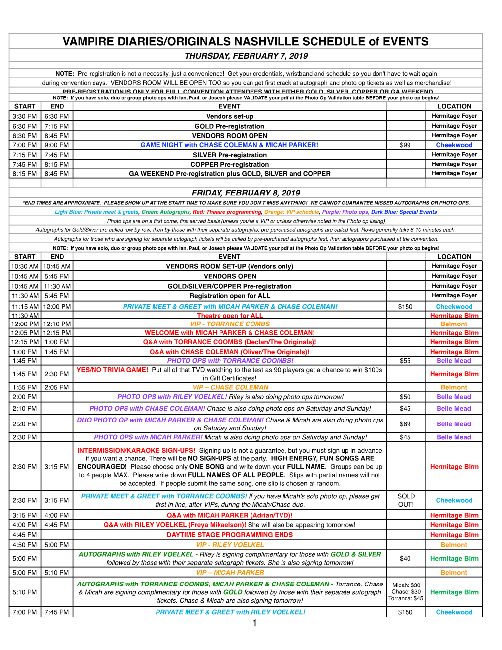 VAMPIRE DIARIES/ORIGINALS NASHVILLE SCHEDULE of EVENTS THURSDAY, FEBRUARY 7, 2019