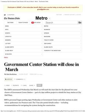 T Announces That Government Center Station Will Close in March - Metro - the Boston Globe