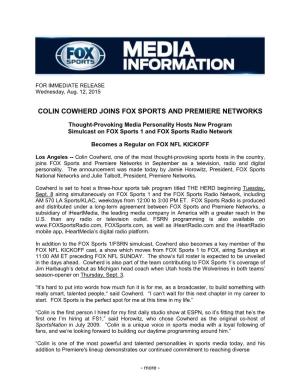 Colin Cowherd Joins Fox Sports and Premiere Networks