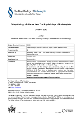 Telepathology: Guidance from the Royal College of Pathologists