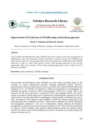 Improvement of GI Tolerance of Nsaids Using Oral Prodrug Approach