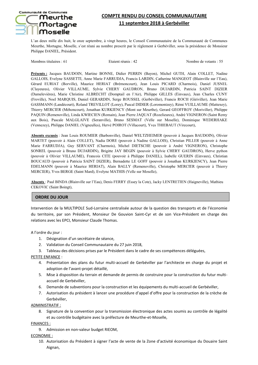 COMPTE RENDU DU CONSEIL COMMUNAUTAIRE 11 Septembre 2018 À Gerbéviller