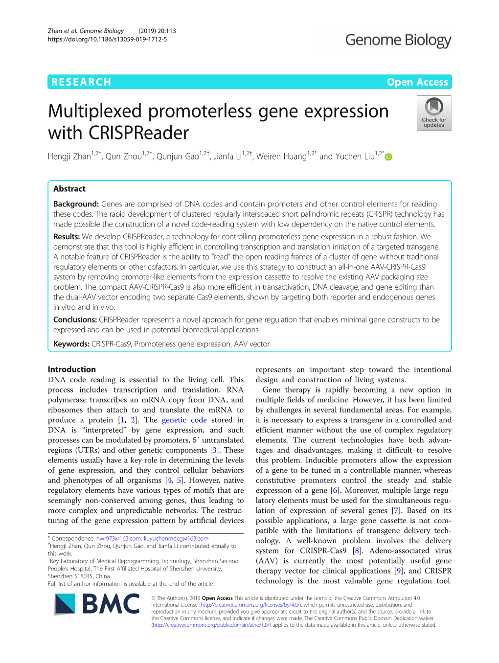 Multiplexed Promoterless Gene Expression with Crispreader Hengji Zhan1,2†, Qun Zhou1,2†, Qunjun Gao1,2†, Jianfa Li1,2†, Weiren Huang1,2* and Yuchen Liu1,2*