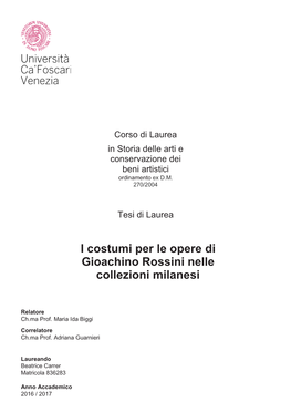 I Costumi Per Le Opere Di Gioachino Rossini Nelle Collezioni Milanesi