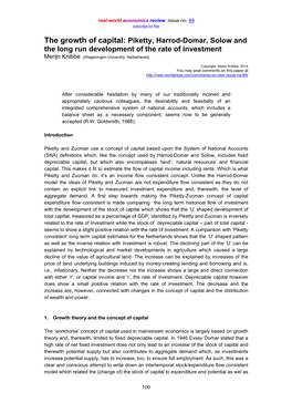 The Growth of Capital: Piketty, Harrod-Domar, Solow and the Long Run Development of the Rate of Investment Merijn Knibbe [Wageningen University, Netherlands]