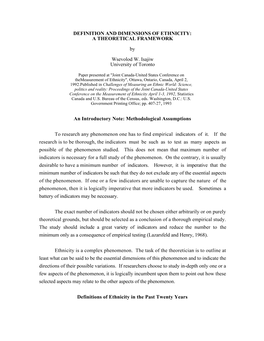 DEFINITION and DIMENSIONS of ETHNICITY: a THEORETICAL FRAMEWORK by Wsevolod W