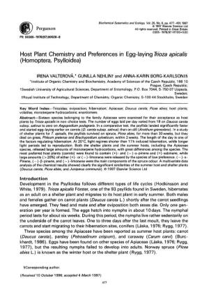 Host Plant Chemistry and Preferences in Egg-Laying Trioza Apicalis (Homoptera, Psylloidea)