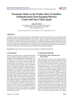 Taxonomic Study on the Feather Stars (Crinoidea: Echinodermata) from Egyptian Red Sea Coasts and Suez Canal, Egypt